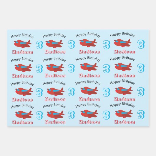 赤と青の飛行機パターン誕生日名と年齢 ラッピングペーパーシート (正面2)