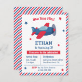 赤と青の飛行機ボーイズバースデーパーティーストライプ 招待状 (正面/裏面)