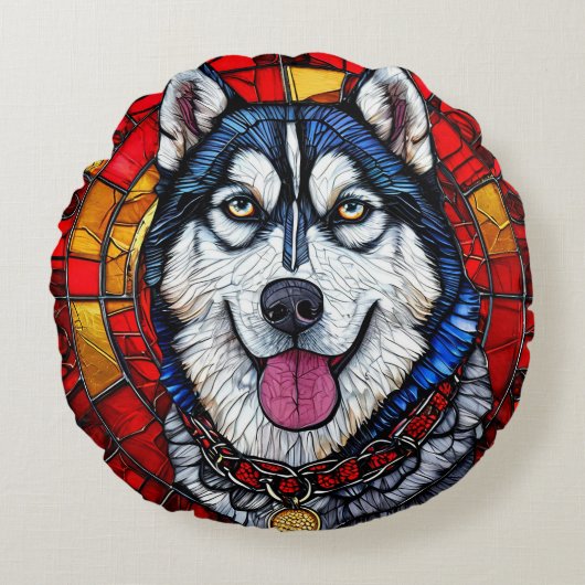 赤と青の鮮やかデザイン ラウンドクッション (正面)