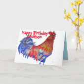 赤と青の鶏の水色鶏のメンス名 カード (黄色い花)