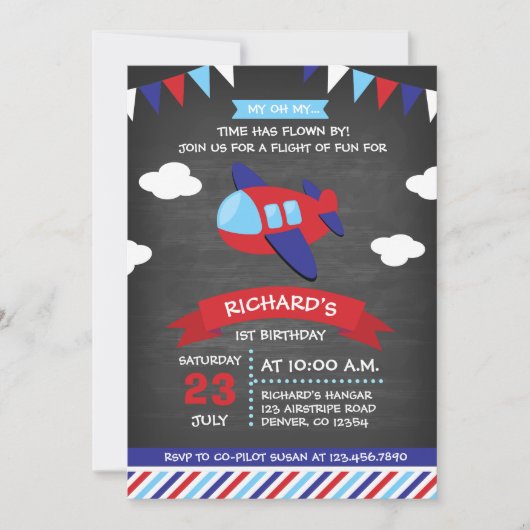 赤と青の黒板飛行機の誕生日パーティー 招待状 (正面)