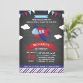 赤と青の黒板飛行機の誕生日パーティー 招待状 (スタンド正面)