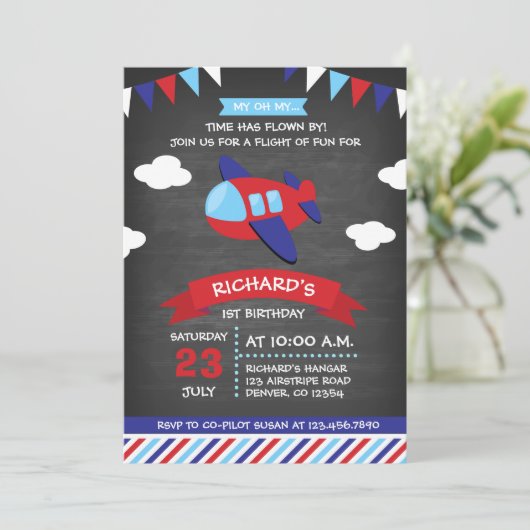 赤と青の黒板飛行機の誕生日パーティー 招待状 (スタンド正面)
