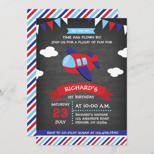 赤と青の黒板飛行機の誕生日パーティー 招待状 (正面/裏面)