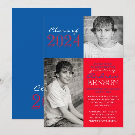 赤と青の2枚写真 卒業発表 招待状 (正面/裏面)