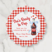 赤と青の「She's Ready to Pop」ベビーシャワー フェイバータグ (正面)