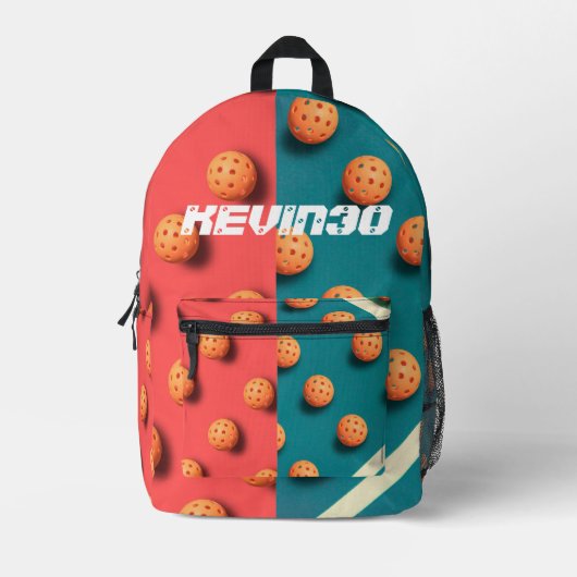 赤と青のPickleballプレーヤーの名前を追加おもしろいデザイン プリントバックパック (正面)