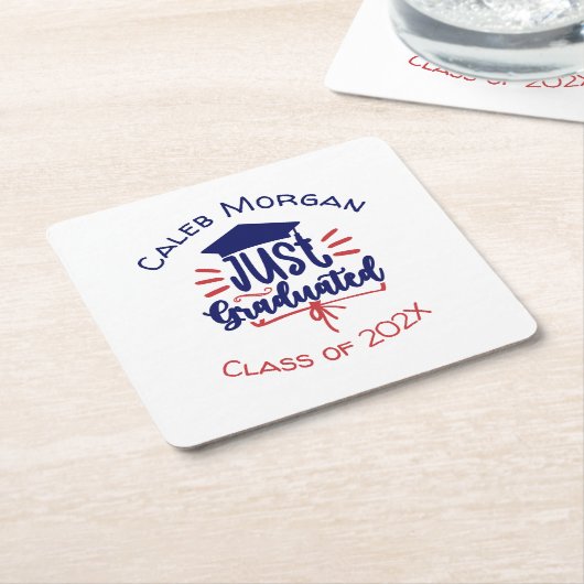 赤と青を卒業パーソナライズされた スクエアペーパーコースター (アングル)