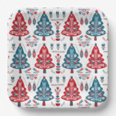 赤と青スカンジナビアのクリスマスツリーフォークアート ペーパープレート (正面)
