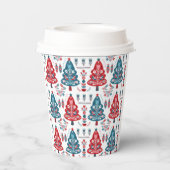 赤と青スカンジナビアのクリスマスツリーフォークアート 紙コップ (裏面)