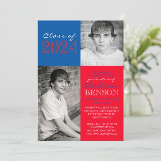 赤と青2枚の写真卒業のお知らせ 招待状 (スタンド正面)