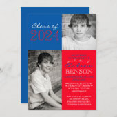 赤と青2枚の写真卒業のお知らせ 招待状 (正面/裏面)