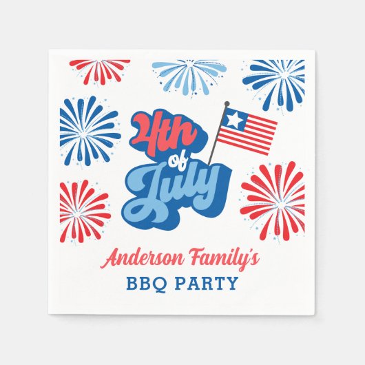 赤と青7月4日の花火レトロBBQパーティー スタンダードカクテルナプキン (正面)