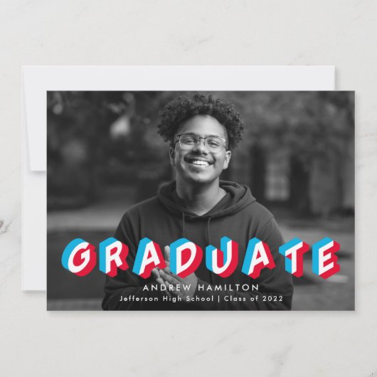 赤と青|アナグリフ·フォト卒業パーティー 招待状 (正面)