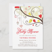 赤と黄の鳥と胸の紐のベビーシャワー 招待状 (正面)