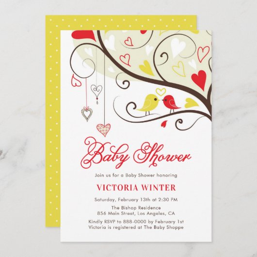赤と黄の鳥と胸の紐のベビーシャワー 招待状 (正面/裏面)