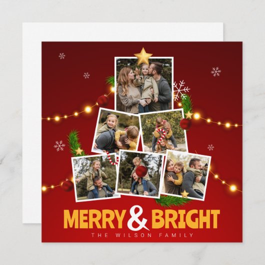 赤と黄メリーと明るい家族の写真コラージュ シーズンカード (正面/裏面)