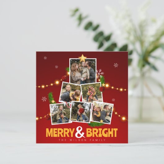 赤と黄メリーと明るい家族の写真コラージュ シーズンカード (スタンド正面)