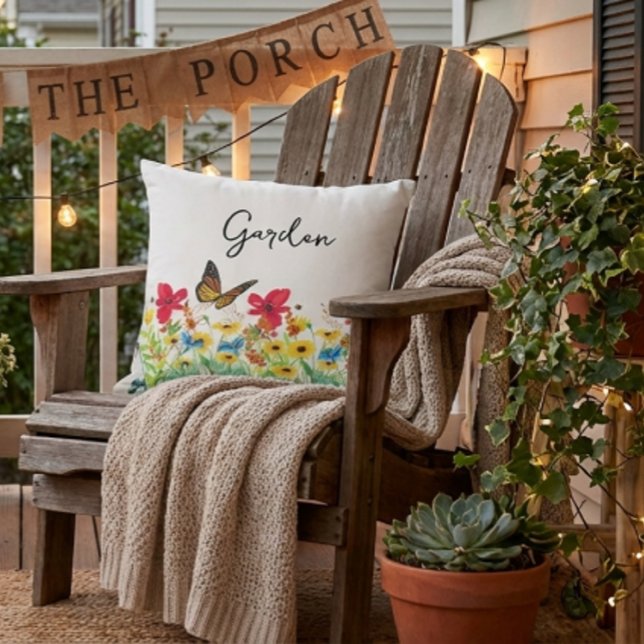 赤と黄色と青の花と蝶々  アウトドアクッション (add ambiance to your outdoor space with a floral created throw pillow )