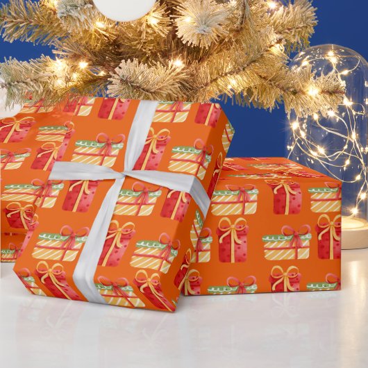 赤と黄色のクリスマスギフトオレンジのラッピング紙 ラッピングペーパー (クリスマス)