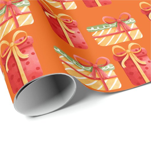 赤と黄色のクリスマスギフトオレンジのラッピング紙 ラッピングペーパー (ロールコーナー)