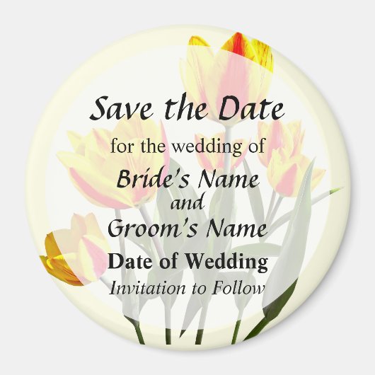 赤と黄色のストライプのチューリップ Save the Date マグネット (正面)
