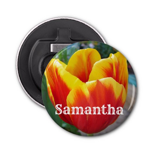 赤と黄色のチューリップフローラガーデンフォトキーリング 栓抜き (正面)