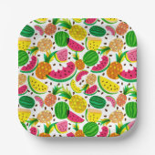 赤と黄色のトロピカルフルーツパターン ペーパープレート (正面)