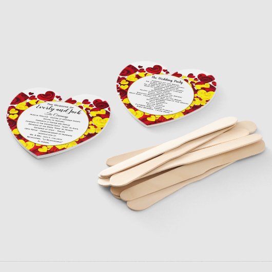 赤と黄色のハートとバラ結婚式 プログラム ハンドファン (組立なし)