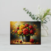 赤と黄色のバラがポット 箔シーズンポストカード (立ち正面)