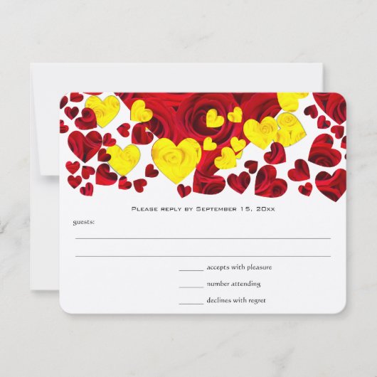 赤と黄色のバラのハートRSVP 出欠カード (正面)