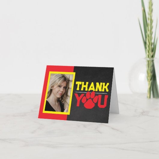 赤と黄色のポープリント卒業2写真折り畳み サンキューカード (正面)