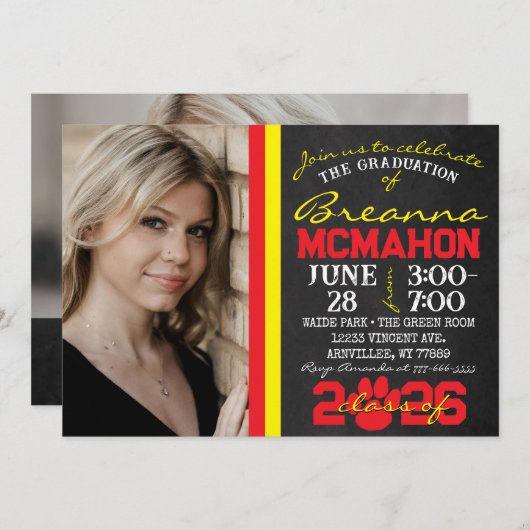 赤と黄色のポープリント卒業2写真 招待状 (正面/裏面)