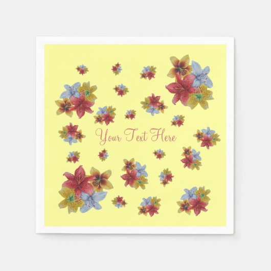 赤と黄色のユリの花のかわいらしフローラ スタンダードカクテルナプキン (正面)