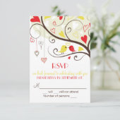 赤と黄色のラブバードの結婚式招待カード(RSVP用) 出欠カード (スタンド正面)