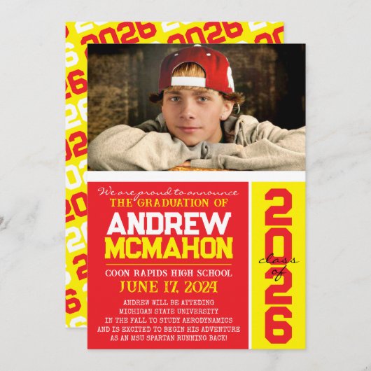 赤と黄色の卒業写真のお知らせ 招待状 (正面/裏面)