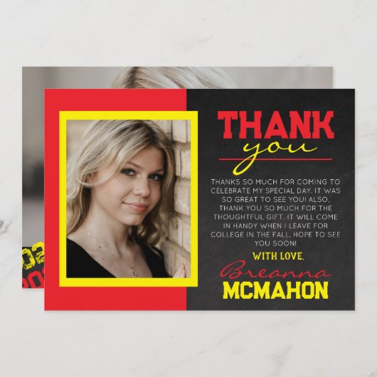 赤と黄色の卒業写真サンキューカード 招待状 (正面/裏面)