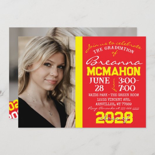 赤と黄色の卒業式2フォト招待状 招待状 (正面/裏面)