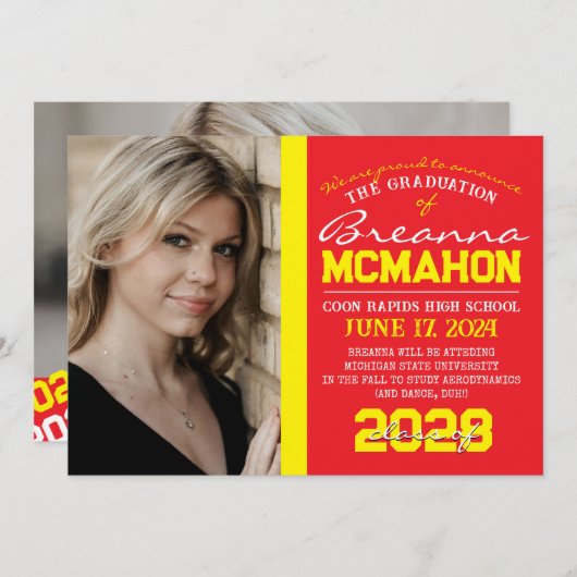 赤と黄色の卒業式2写真のお知らせ 招待状 (正面/裏面)
