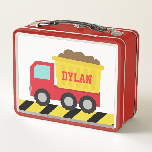 赤と黄色の建築ダンプトラックの少年 メタルランチボックス (裏面)