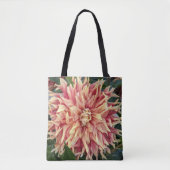 赤と黄色の斑入りのダリアの花のフラワー トートバッグ (正面)