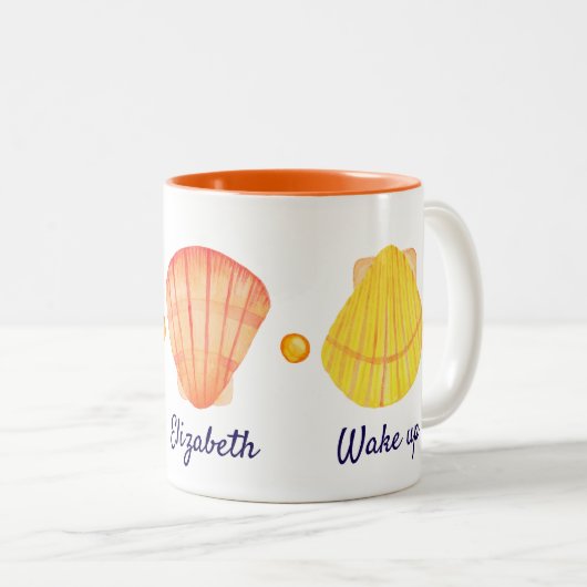 赤と黄色の水の色の貝殻マグカップ ツートーンマグカップ (正面右)