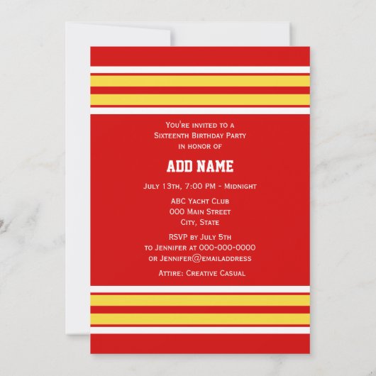 赤と黄色の白いズチームストライプジャージー 招待状 (裏面)