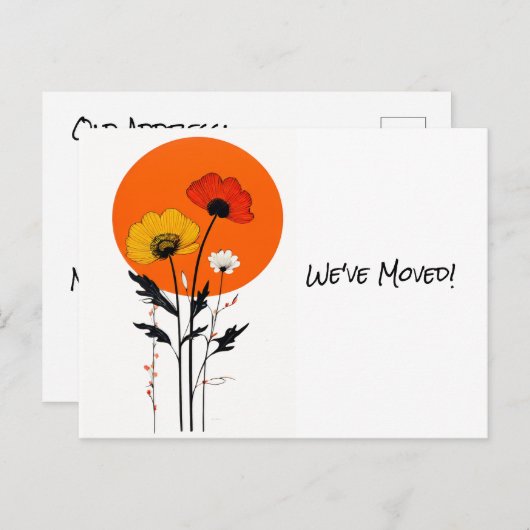 赤と黄色の花と太陽の新しいアドレス ポストカード (正面/裏面)
