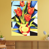 赤と黄色の花瓶の赤いチューリップ キャンバスプリント (インサイチュ (リビング))