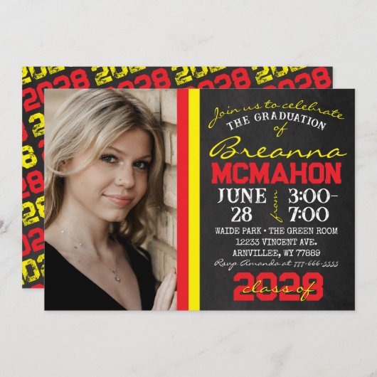 赤と黄色の黒板の卒業写真 招待状 (正面/裏面)