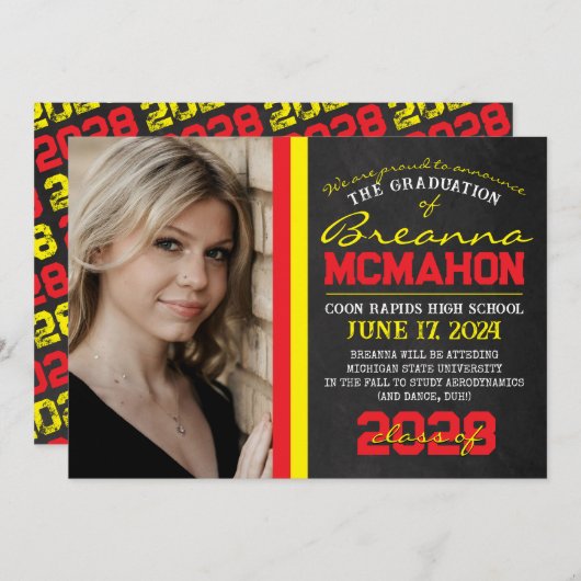 赤と黄色の黒板の卒業発表 招待状 (正面/裏面)