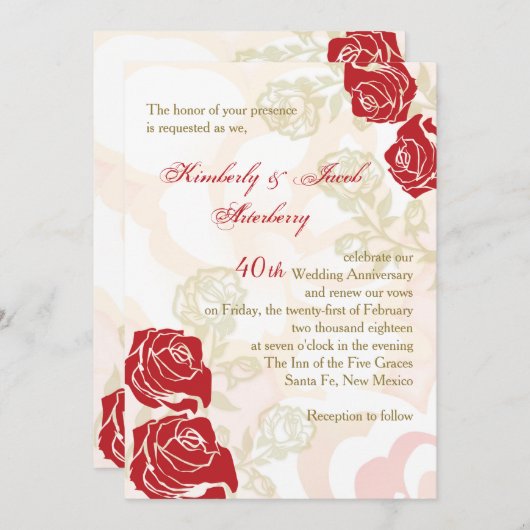赤と黄金のバラ40th結婚の記念日招待状 招待状 (正面/裏面)