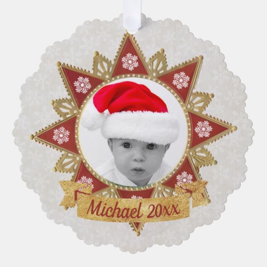 赤と黄金の豪華な円の形状フレームのスノーフレーク オーナメントカード (正面)