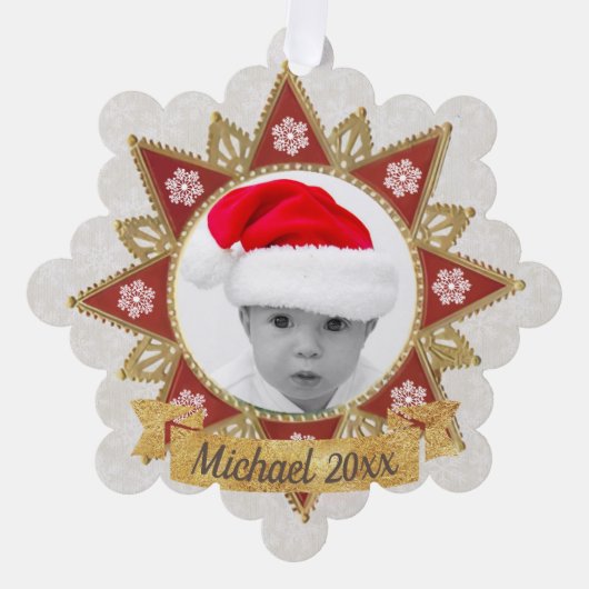 赤と黄金の豪華な円の形状フレームのスノーフレーク オーナメントカード (正面)